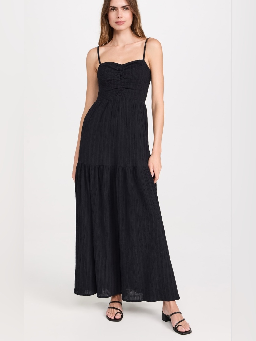 L*Space Mallorca Maxi Dress S Black 100% Cotton Smocked Tiered Boho Sundress